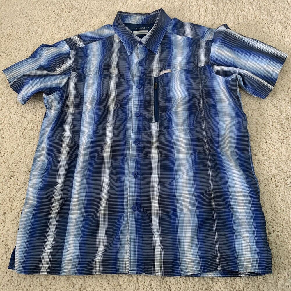 Columbia Omni-Shade Mens Vented Short Sleeve Nylon Shirt Blue Plaid Size Large